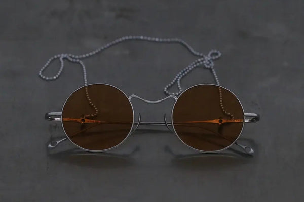 Rigards x UMA WANG joint series round frame glasses RG-RG00UW14-FGYK retro silver frame salmon color lenses with chain